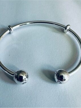 Pandora Silver Open Bangle Bracelet with Polished Bead Ends